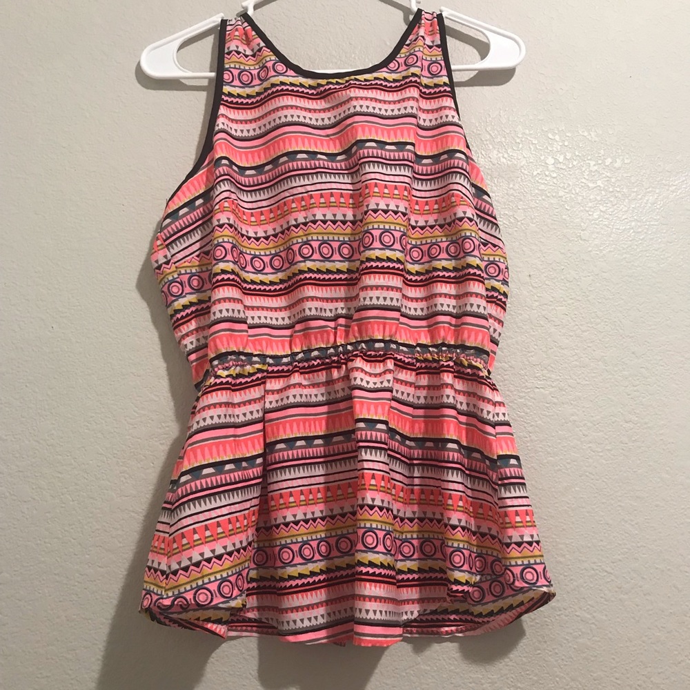New Glory pink yellow pattern black sleeveless top